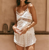 BXOXO Women 2 Piece Pajamas Set Swiss Dot Sheer Patchwork Camisole and Elastic Shorts for Loungewear Soft Sleepwear